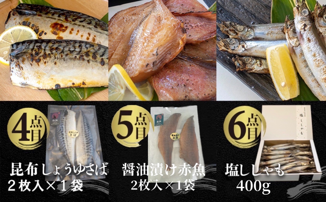 国内加工　水産物詰め合わせ　9点セット（Ｂ）（切れてる鯖・切れてる赤魚・昆布しょうゆさば・醤油漬け赤魚・醤油ししゃも・塩ししゃも・特大ししゃも・ピリ辛ししゃも）