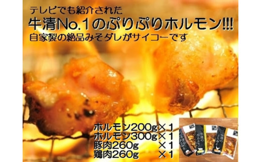 1509　自家製 みそダレ Fセット牛ホルモン 200g 300ｇ×各１ 豚肉 ×１ 鶏肉 ×１/ 黒毛和牛ホルモン 牛清 バーベキュー キャンプ 牛肉 ぶた肉 とり肉 特製 味噌漬 味付 伊勢志摩