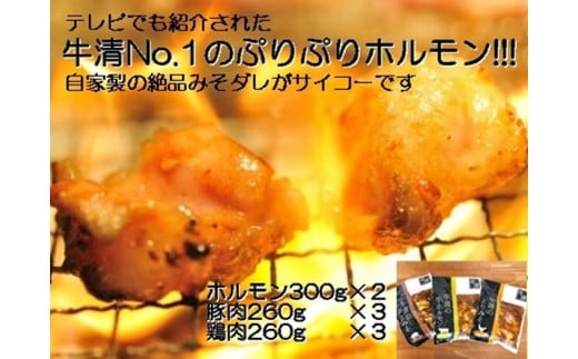 1517　自家製 みそダレ Nセット牛 ホルモン 300ｇ×2 豚肉 ×３ 鶏肉 ×３/ 黒毛和牛ホルモン 牛清 バーベキュー BBQ キャンプ 牛肉 ぶた肉 とり肉 特製 味噌漬 味付 伊勢志摩