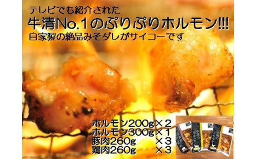 1518　自家製 みそダレ Oセット牛ホルモン 200ｇ×２ 300ｇ×１ 豚肉 ×３ 鶏肉 ×３/ 黒毛和牛ホルモン 牛清 バーベキュー BBQ 牛肉 ぶた肉 とり肉 特製 味噌漬 味付 伊勢志摩