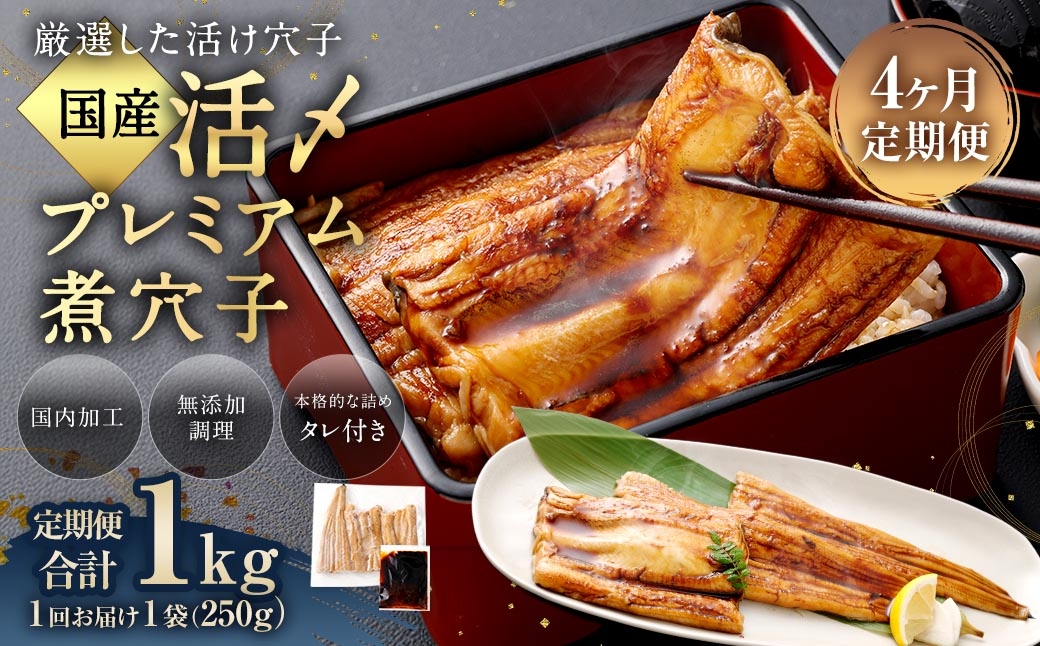 【 4ヶ月定期便 】 国産活〆 プレミアム煮穴子 250g （ 250g × 1袋 ） タレ （ 50g ） 付 魚 魚類 お魚 穴子 アナゴ あなご 魚料理 冷凍 保存料不使用 着色料不使用 添加物不使用