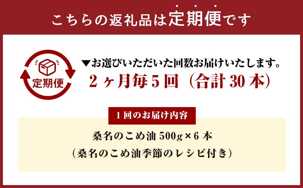 【2ヶ月毎定期便5回】桑名のこめ油 500g × 6本入り 桑名のこめ油季節のレシピ付き （合計：30本 （15000g） ） ／ 米油 こめあぶら 油 あぶら 食用油 食用 調理用油 調理用 レシピ付き 桑名市産 米ぬか 国産 揚げ物 天ぷら 炒め物 ビタミンE 保健機能食品 三重県 桑名市 常温