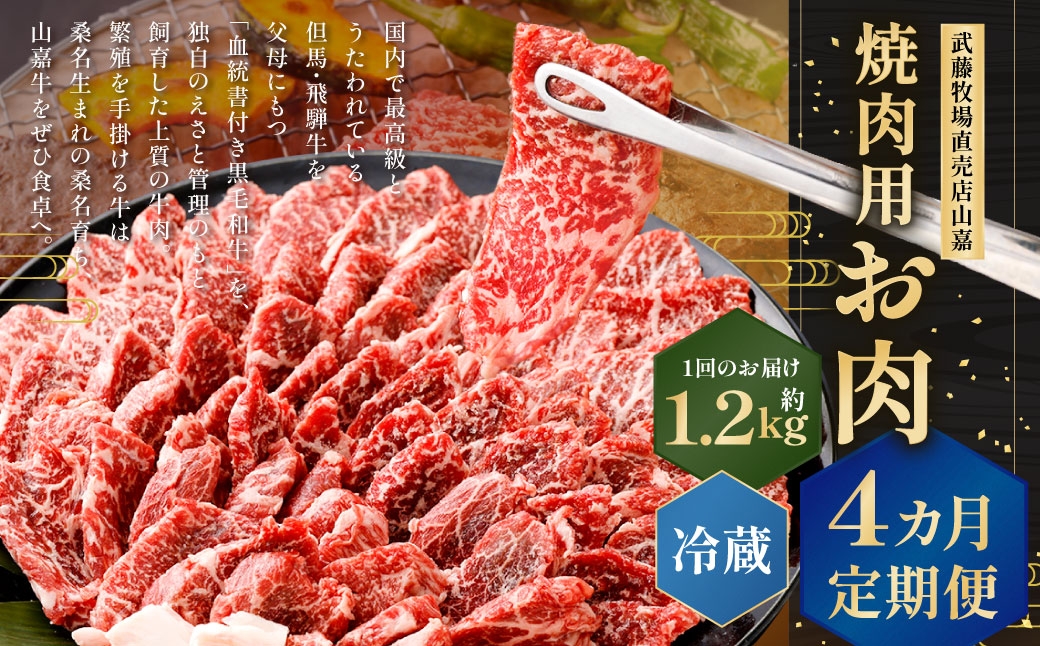 武藤牧場直売店山嘉 焼肉用お肉 約1.2kg×4回 合計4.8kg 【冷蔵 定期便4ヶ月】 ／ 牛肉 焼き肉 定期便 三重県 桑名市