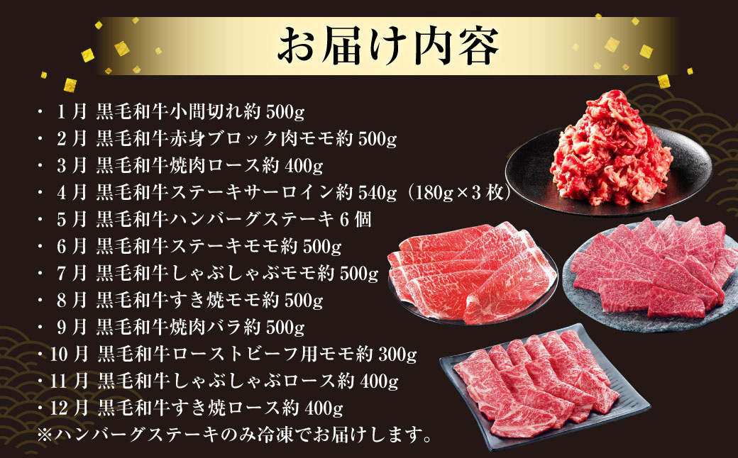 柿安本店　柿安黒毛和牛食べくらべセット【定期便12ヶ月】　国産　牛肉　赤身　厳選　上質　すき焼　焼肉　サーロインステーキ　ローストビーフ　しゃぶしゃぶ　ロース　モモ　ブロック肉　バラ　ハンバーグ　小間切れ　逸品　おすすめ　グルメ　f_07