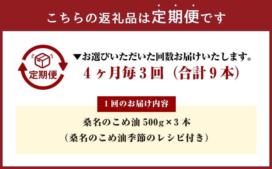 【4ヶ月毎定期便3回】桑名のこめ油 500g × 3本入り 桑名のこめ油季節のレシピ付き （合計：9本 （4500g） ） ／ 米油 こめあぶら 油 あぶら 食用油 食用 調理用油 調理用 レシピ付き 桑名市産 米ぬか 国産 揚げ物 天ぷら 炒め物 ビタミンE 保健機能食品 三重県 桑名市 常温