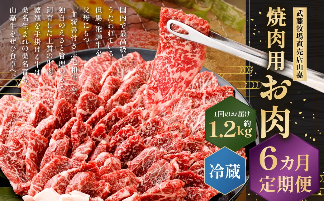 武藤牧場直売店山嘉 焼肉用お肉 約1.2kg×6回 合計7.2kg  【冷蔵 定期便6ヶ月】 ／ 牛肉 焼き肉 定期便 三重県 桑名市