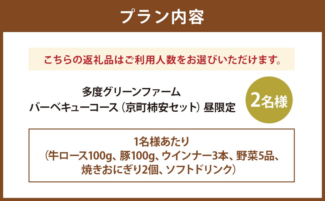 多度グリーンファーム バーベキューコース （京町柿安セット） 2名様 昼限定 ／ 体験 経験 バーベキュー アウトドア コース オリエンテーション 人工芝 目的スペース BBQ 全席屋根付き