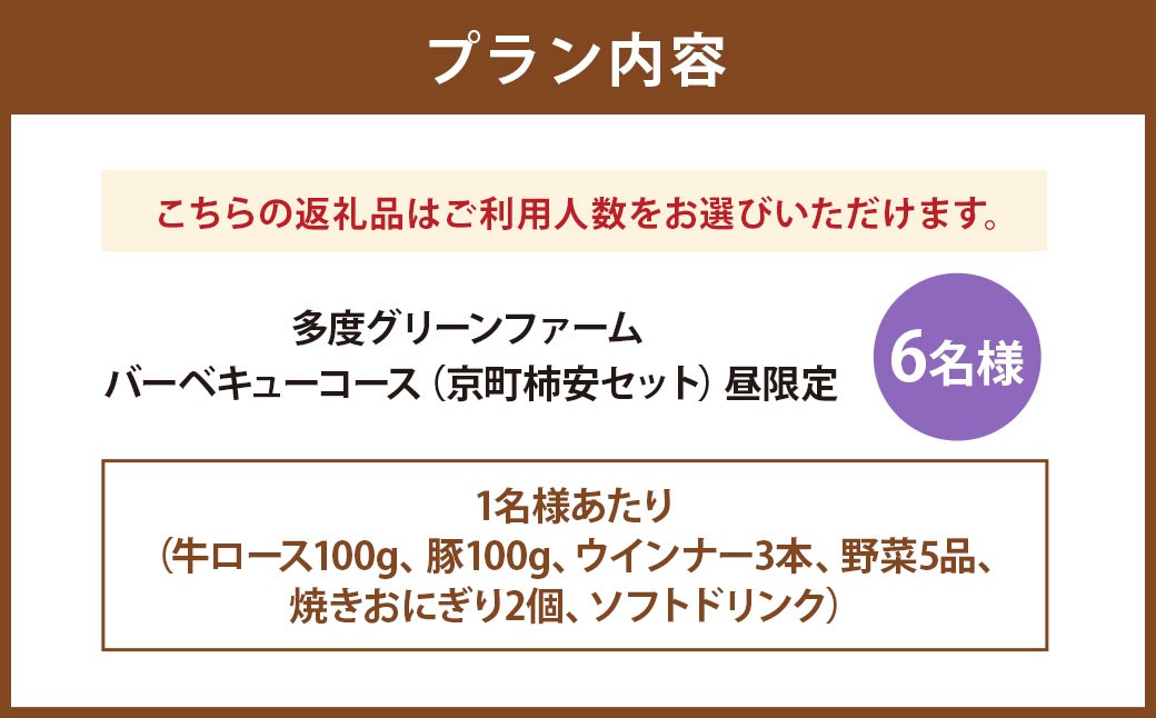 多度グリーンファーム バーベキューコース （京町柿安セット） 6名様 昼限定 ／ 体験 経験 バーベキュー アウトドア コース オリエンテーション 人工芝 目的スペース BBQ 全席屋根付き