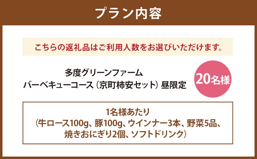 多度グリーンファーム バーベキューコース （京町柿安セット） 20名様 昼限定 ／ 体験 経験 バーベキュー アウトドア コース オリエンテーション 人工芝 目的スペース BBQ 全席屋根付き