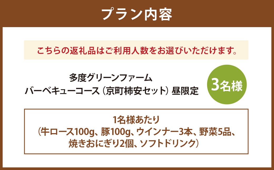 多度グリーンファーム バーベキューコース （京町柿安セット） 3名様 昼限定 ／ 体験 経験 バーベキュー アウトドア コース オリエンテーション 人工芝 目的スペース BBQ 全席屋根付き