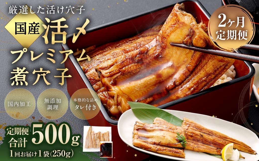 【 2ヶ月定期便 】 国産活〆 プレミアム煮穴子 250g （ 250g × 1袋 ） タレ （ 50g ） 付 魚 魚類 お魚 穴子 アナゴ あなご 魚料理 冷凍 保存料不使用 着色料不使用 添加物不使用