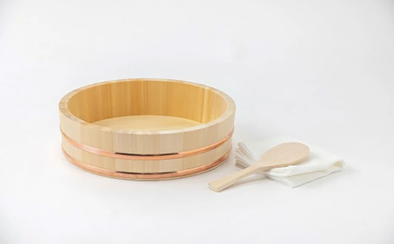 木曽さわらの飯台30cm ふきんとひのきのしゃもじセット 日本製 国産 職人手作り 寿司桶 厚口 木製 ちらし寿司 飯切 盛桶 盛付桶 梅沢木材工芸社