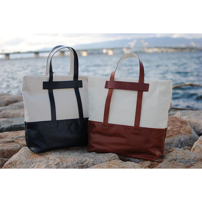 レディース　国産　キャンバストートバッグ　7M7-1046（ナチュラル×ネイビー）