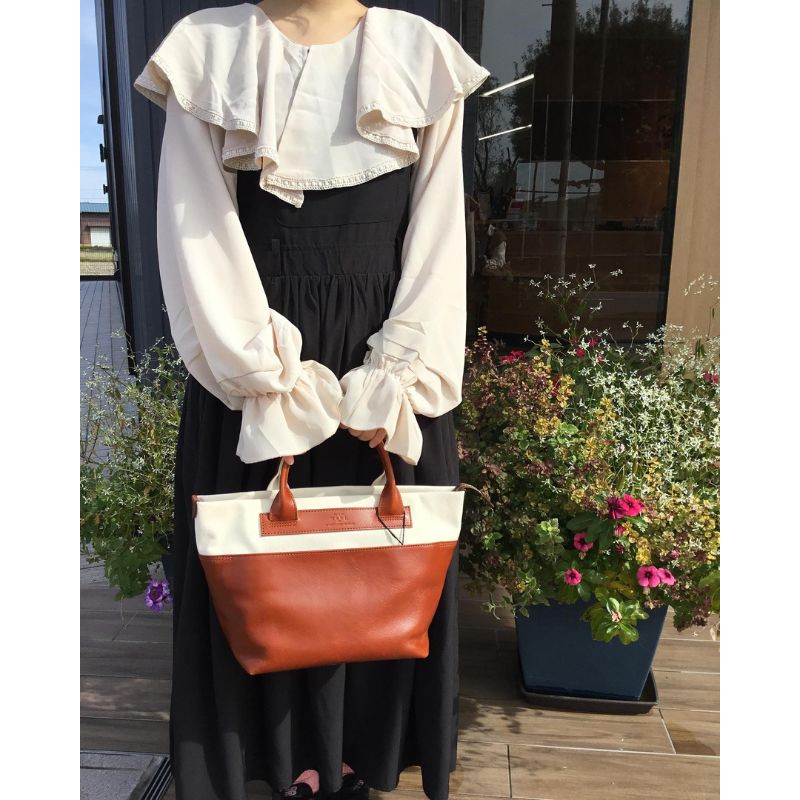 レディース　国産　キャンパスミニトート　7M8-1064（ナチュラル×ライトブラウン）