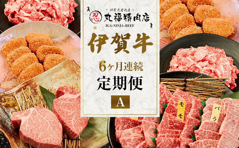 伊賀牛 6ヶ月連続お届け 定期便 A [ 伊賀忍者ビーフ 切り落とし コマ肉 ×2  コロッケ ミンチボール ×2 ヒレ ステーキ 焼肉 3種 ] 丸福精肉店 牛肉 高級 和牛 肉 伊賀牛肉 伊賀 人気 自宅用 グルメ お取り寄せ 誕生日 お祝い ご馳走 パーティー 贅沢 三重 三重県