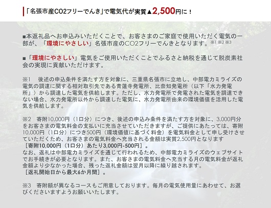 名張市産CO2フリーでんき 10,000円コース（注：お申込み前に申込条件を必ずご確認ください） ／中部電力ミライズ 電気 電力 三重県 名張市