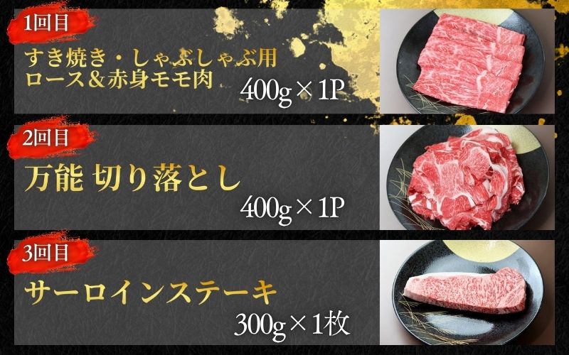 【全3回】美熊野牛 定期便E ＜すき焼きしゃぶしゃぶ用ロース＆赤身モモ肉 400g・切り落とし 400g・サーロインステーキ 300g×1枚＞  牛肉 肉 ブランド牛 和牛 黒毛和牛 国産牛 すき焼き しゃぶしゃぶ 赤身 赤身肉 ステーキ サーロイン 肉定期便 人気 希少 おすすめ 三重県 熊野市【okad-tkb0015】