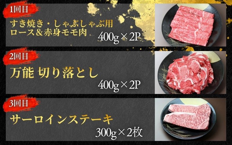 【全3回】美熊野牛 定期便F ＜すき焼きしゃぶしゃぶ用ロース＆赤身モモ肉 800g・切り落とし 800g・サーロインステーキ 300g×2枚＞ 牛肉 肉 ブランド牛 和牛 黒毛和牛 国産牛 すき焼き しゃぶしゃぶ 赤身 赤身肉 ステーキ サーロイン 肉定期便 人気 希少 おすすめ 三重県 熊野市【okad-tkb0016】