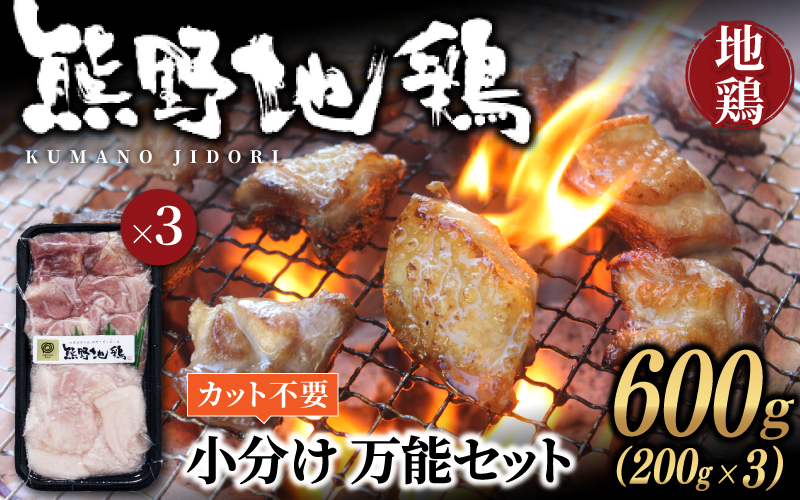 地鶏 鶏肉 カット不要 熊野地鶏 小分け 万能セット 600g(200g×3) 肉 鶏肉 鳥肉 とり肉 地鶏 焼き鳥 焼鳥 炭火焼鳥 炭火焼き 鍋 お鍋 惣菜 おかず 小分けパック 国産 名古屋コーチン 伊勢赤どり 三重県 熊野市【frsn0001】
