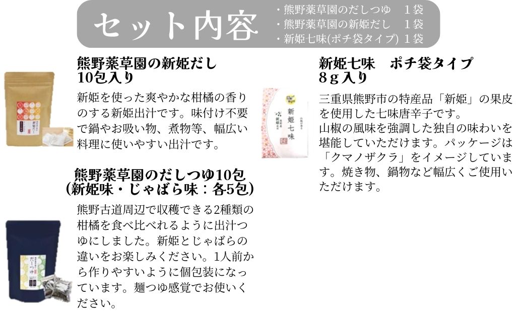 熊野だしを味わう充実セット（だしパック×２、だしつゆ×１、新姫七味ポチ袋タイプ×１）