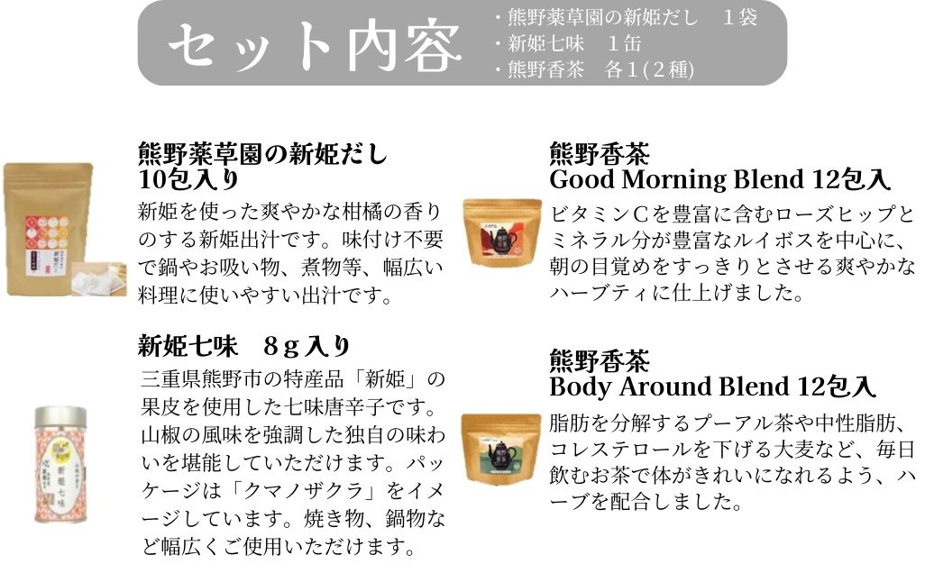 新姫各種お楽しみセット（ハーブティー2種、だしパック、新姫七味缶）【kmys0010A】