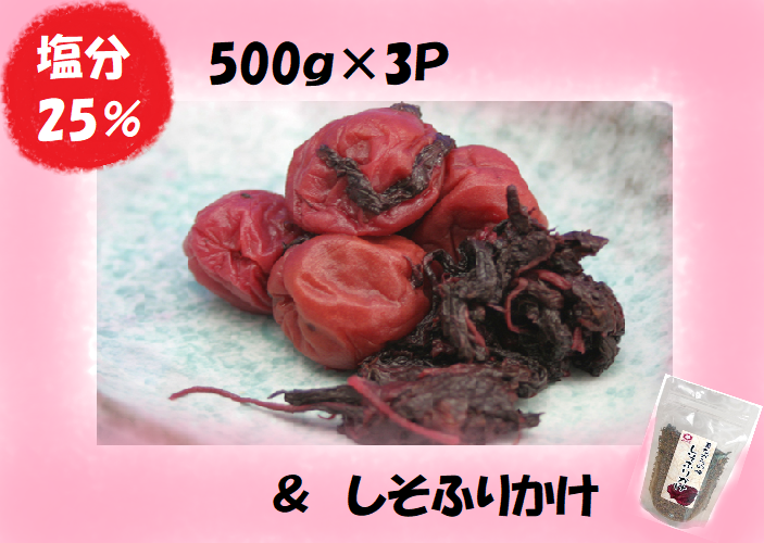 梅干し 熊野乃梅 昔ながらの梅（塩分25％） 500ｇ×3P  しそふりかけ【snby0003B】
