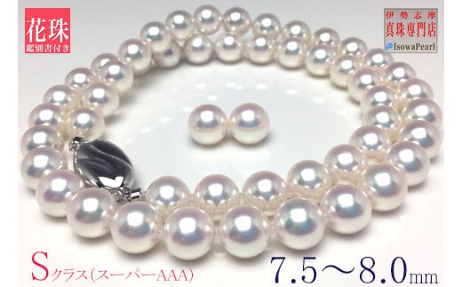 真珠 ネックレス イヤリング セット K14 シルバー パール 7.5ミリ ～ 8ミリ あこや アクセサリー ジュエリー 冠婚葬祭 結婚式 葬式 入学式 誕生日 プレゼント アコヤ真珠 / 老舗の真珠専門店・ 花珠 鑑別書付きアコヤ真珠 ネックレス・イヤリングセット7.5～8.0 ミリ