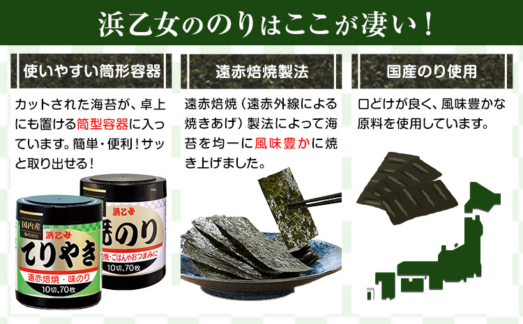 国産海苔使用 味海苔 味のりてりやき (10切70枚×3個) 海苔 210枚 浜乙女《30日以内に出荷予定(土日祝除く)》三重県 東員町 ギフト 贈答 プレゼント 贈り物 国産 ご飯のお供 ごはんのお供 白米 おつまみ 寿司 大容量 家庭用 ご飯 おにぎり お弁当 常備用 卓上海苔