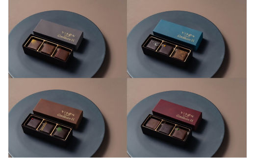 コンフィチュールアッシュVISONオリジナルボンボンショコラ（ルージュ・シアン・ブラン・グリ）4箱セット　ショコラ ボンボン チョコレート 詰め合わせ 12種 3個セット 個包装 和風 調味料 お酒 お茶 フルーツ 贈答品 贈答用 ギフト 三重県 多気町　　VCH-01