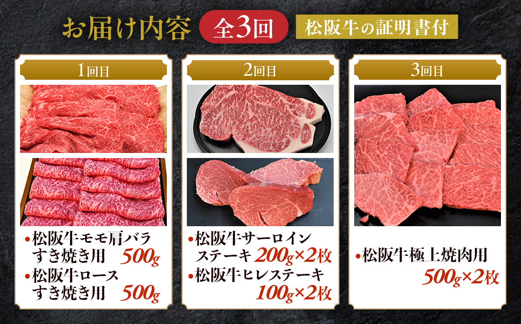 松阪牛プレミアム定期便　全３回お届け！　極上の柔らかさ 化粧箱入り （柔らかい 松坂牛 松阪肉 霜降り 高級ブランド牛 リブロース 焼しゃぶ ステーキ すき焼き 自宅用 贈答品 ギフト クリスマス お正月 年末年始 お歳暮 お中元 牛肉 とろける 和牛 三重県 A4 A5 特産 GI）三重県 多気町 NTY-39