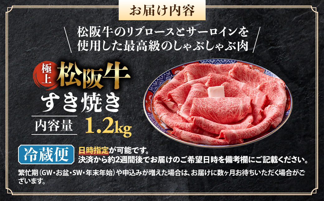 【冷蔵】極上松阪牛 すき焼き肉 1.2kg < 冷蔵 > 年内配送可( 牛肉 ブランド牛 高級 和牛 国産牛 松阪牛 松坂牛 すき焼き リブロース サーロイン 高級部位 霜ふり　霜降りすき焼き 松阪牛 松阪牛霜降り肉 牛肉 すき焼き肉 ギフト 牛肉 リブロース サーロイン すきやき 松阪牛すき焼き 松阪牛 三重県 多気町)UOD-20-01