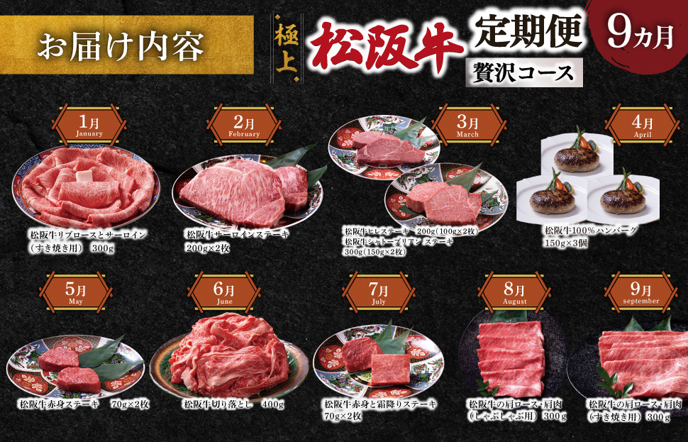 極上 松阪牛 贅沢 コース 定期便 9か月 牛追道中 肉 牛 牛肉 和牛 ブランド牛 高級 国産 霜降り 冷凍 ヒレ シャトーブリアン 赤身 ハンバーグ リブロース サーロイン すき焼き しゃぶしゃぶ US33