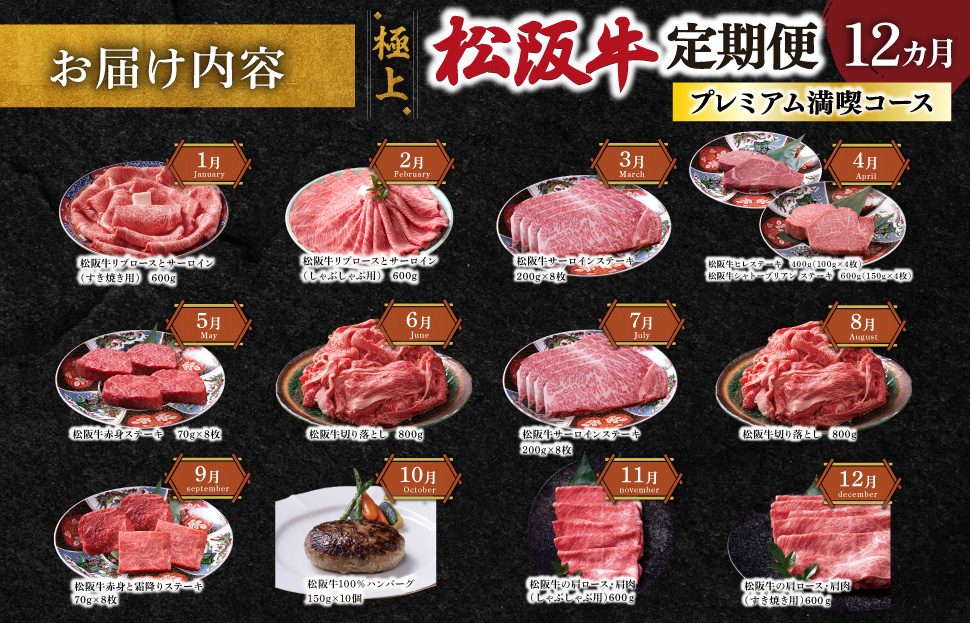 極上 松阪牛 プレミアム満喫 コース 定期便 12か月 牛追道中 肉 牛 牛肉 和牛 ブランド牛 高級 国産 霜降り 冷凍 ヒレ シャトーブリアン 赤身 ハンバーグ リブロース サーロイン すき焼き しゃぶしゃぶ US35