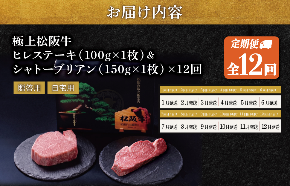 極上 松阪牛 シャトーブリアン（150g×1枚）・ヒレステーキ（100g×1枚）【定期便12回】 牛肉 高級 松坂牛 US52