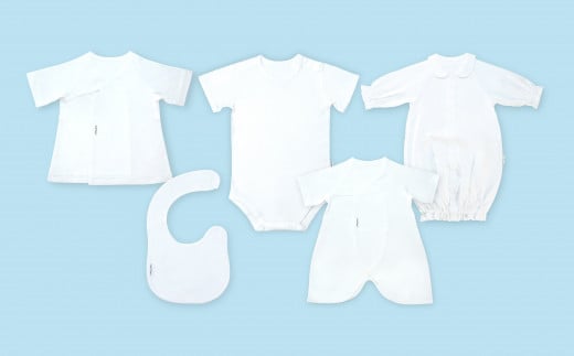 オーガニックコットン 使用 新生児用 ５点セット／ ベビー服 ソフトママ カスタマイズ可能 短肌着 コンビ肌着 肩空きミニオール ２WAYオール スタイ 各1枚 100％ オーガニック生地 ベビー 赤ちゃん ギフト 贈答 出産 お祝い 三重県 大台町 (00102)