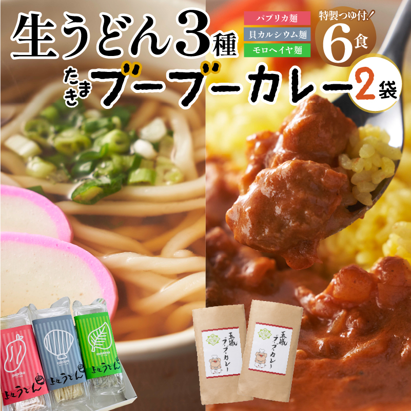 贈答用オリジナル箱入り 3種の生うどん6食(3食入り×2箱)＆玉城ブーブーカレー(170g×2袋)セット