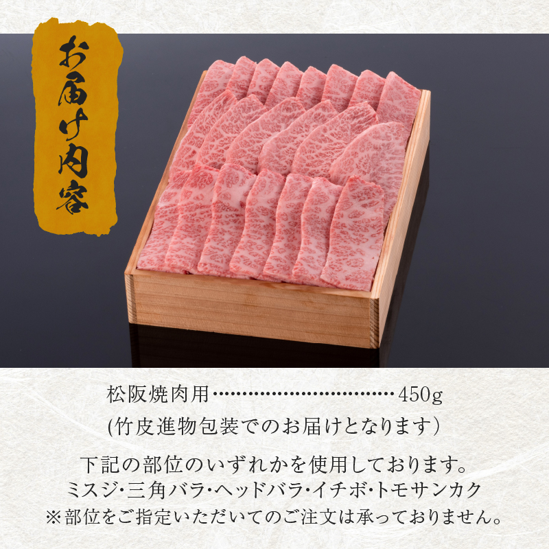 松阪牛焼肉用(ミスジ・三角バラ・ヘッドバラ・イチボ・トモサンカク)450g ※いずれかの部位を使用