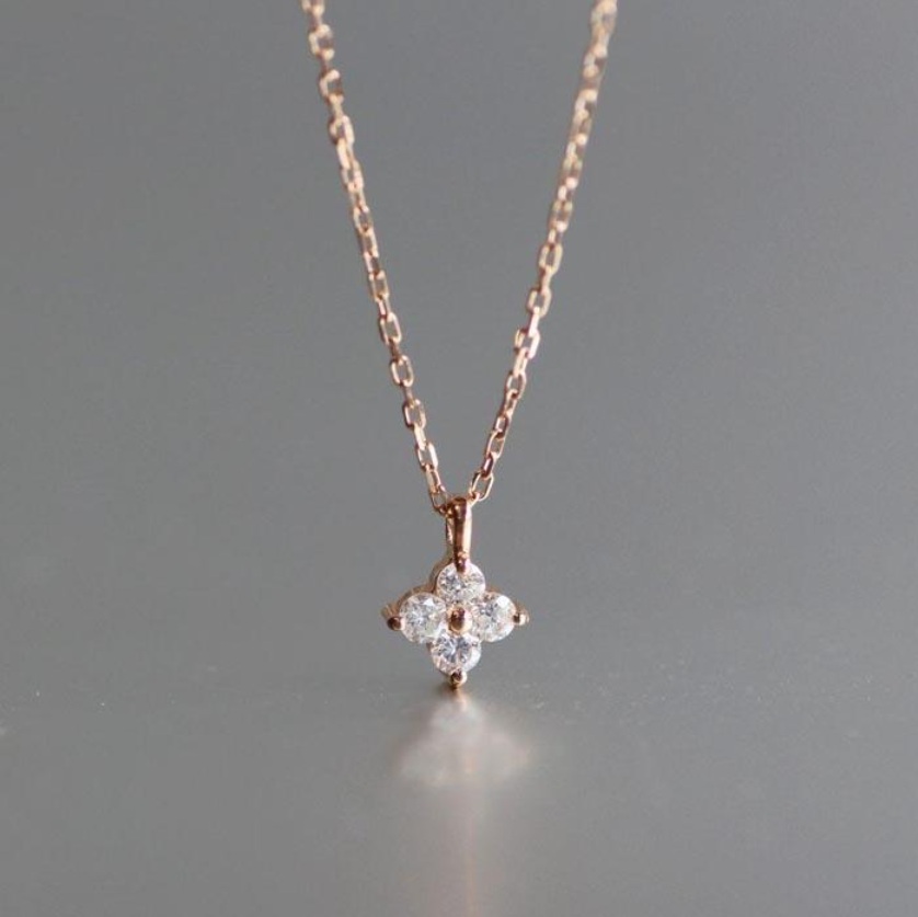 [AM026][K10ピンクゴールドダイヤモンドネックレス]大人気 ダイヤモンド0.132ct 可愛い4枚花びら 長さ40cm KN01001D