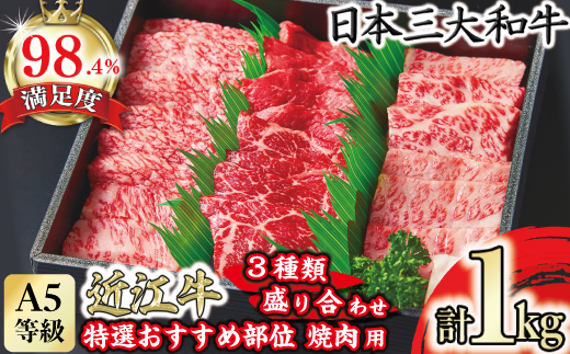 A5等級　未経産雌　特選近江牛おすすめ部位　焼肉3種盛り合わせ合計1kg【FO07W】