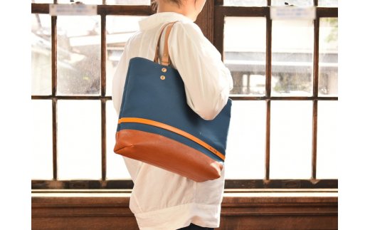 ハンドメイド　八幡帆布鞄トートバッグ・名入れ可能　Lサイズ　琵琶湖ブルー【CC02W】