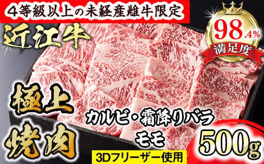 【森三商会】4等級以上の未経産雌牛限定　近江牛極上焼肉500g(カルビ・霜降りバラ・モモ)【GM11W】