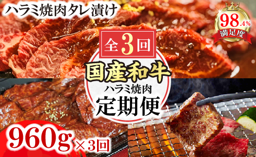 【定期便】定期便　和牛入国産牛　ハラミ焼肉　秘伝の自家製タレ漬け(480g×2)全３回【FO52W】