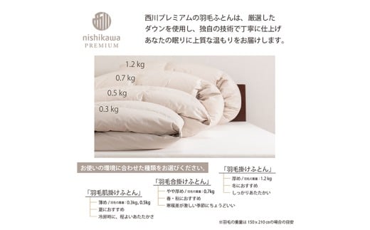【nishikawa/西川】羽毛肌掛けふとん／フランスホワイトダック（ミュラー種）90％／0.3kg／シングルサイズ／日本製【P398W】