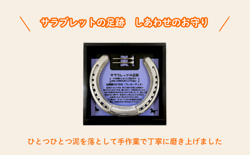 【JRA/日本中央競馬会】栗東トレーニング・センターで競走馬が使用した蹄鉄と蹄釘のセット　【サラブレットの足跡　しあわせのお守り】