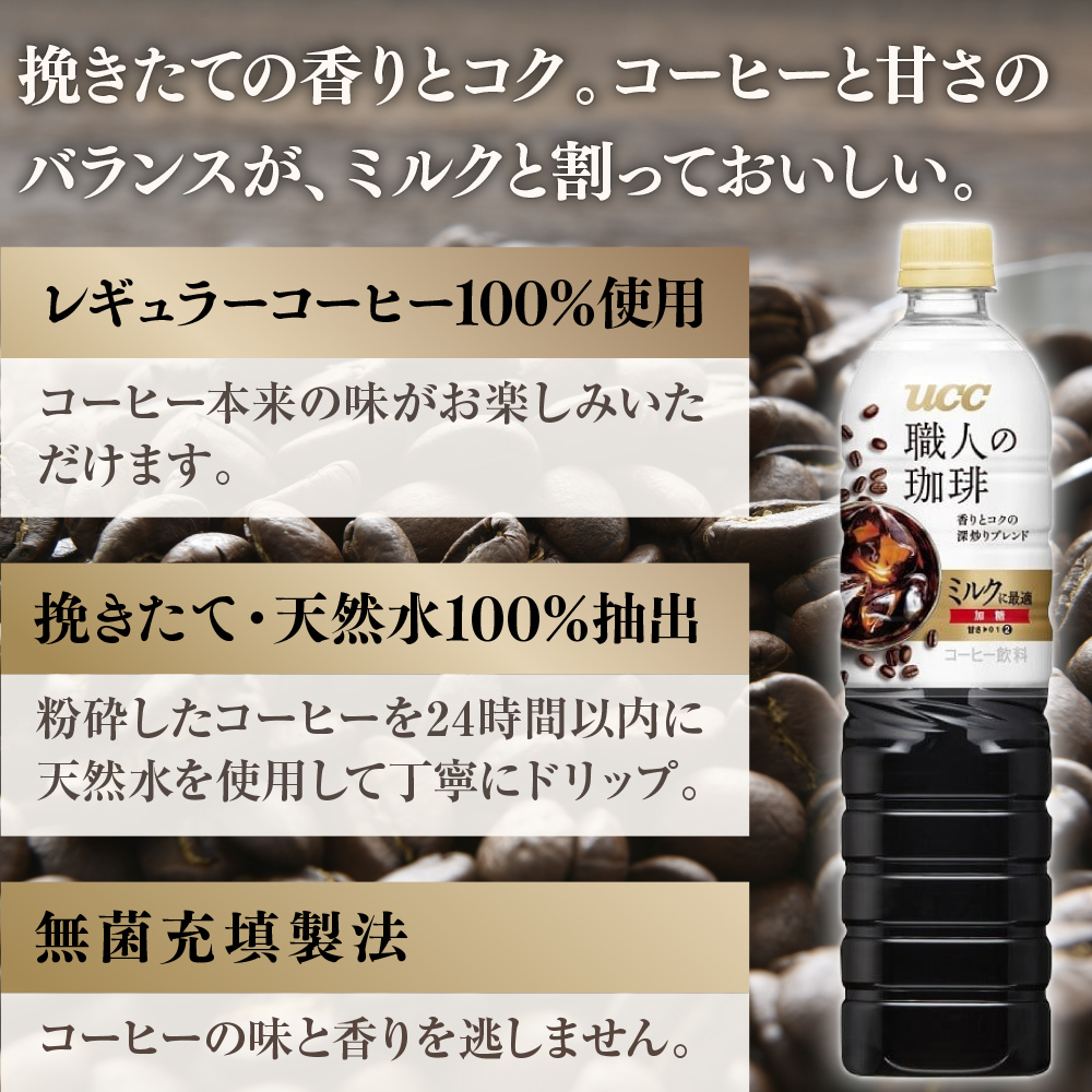 【UCC 職人の珈琲　ミルクに最適　ボトルコーヒー  900ml×12本×2ケース　合計24本】 UCC ボトル コーヒー 低糖 微糖　ペットボトル　AB12