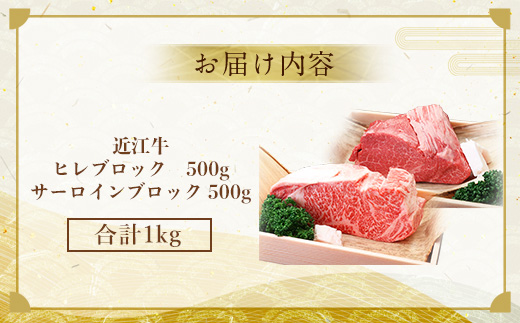 近江牛 サーロイン ブロック ＆ ヒレ ブロック 各500g　合計1kg　牛肉 和牛 黒毛和牛 国産　AI36