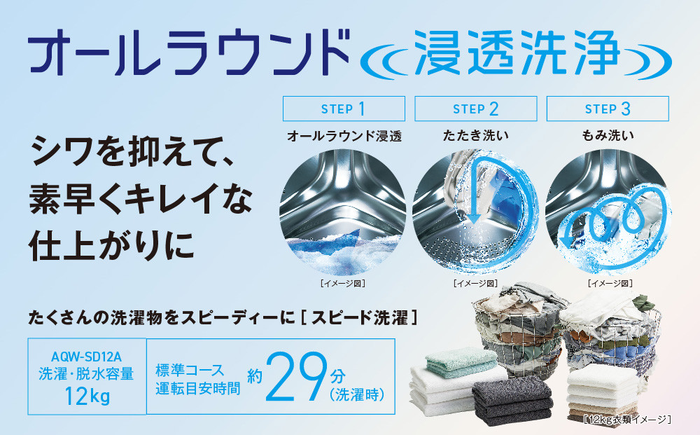 【AQUA】ドラム式洗濯乾燥機 まっ直ぐドラム 洗濯12kg 乾燥6kg AQW-SD12A-L 台無し(左開き)｜京都 洗濯機 ドラム式 人気ブランド［ アクア 人気 おすすめ コンパクト 大容量 ヒートポンプ乾燥 オールラウンド浸透洗浄 お湯洗いモード 除菌 お取り寄せ 通販 送料無料 ふるさと納税 ］