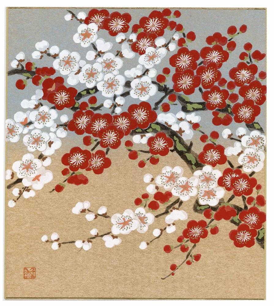 【長谷川松寿堂】型友禅染色紙（８寸×９寸）４枚・色紙立て１個