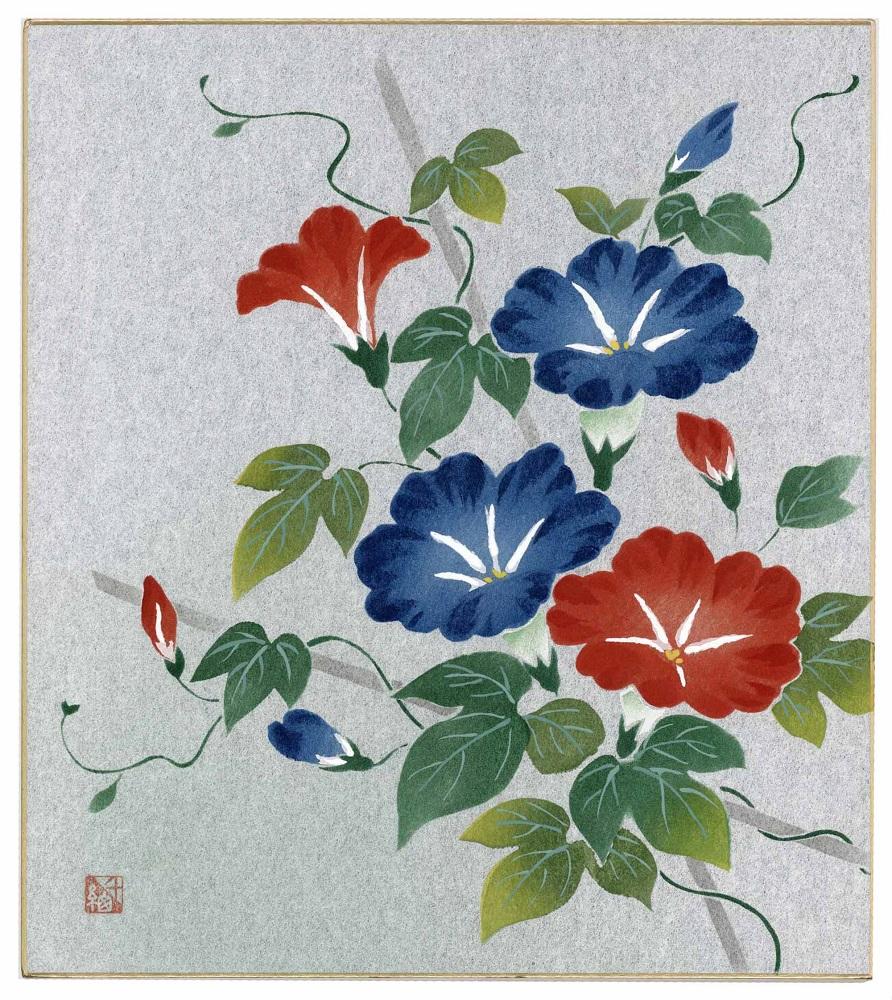 【長谷川松寿堂】型友禅染色紙（８寸×９寸）４枚・色紙立て１個