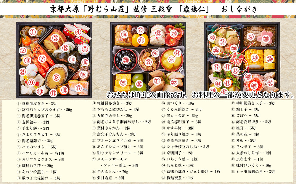 【京都大原・野むら山荘】監修 三段重「歳徳仁」約3～4人前｜京おせち 本格料亭おせち 人気おせち［ 京都 料亭 おせち お節 3段 3人 4人 京料理 人気 おすすめ おいしい 2027 正月 お祝い おせち料理 グルメ ご自宅用 お取り寄せ 通販 送料無料 ふるさと納税 ］